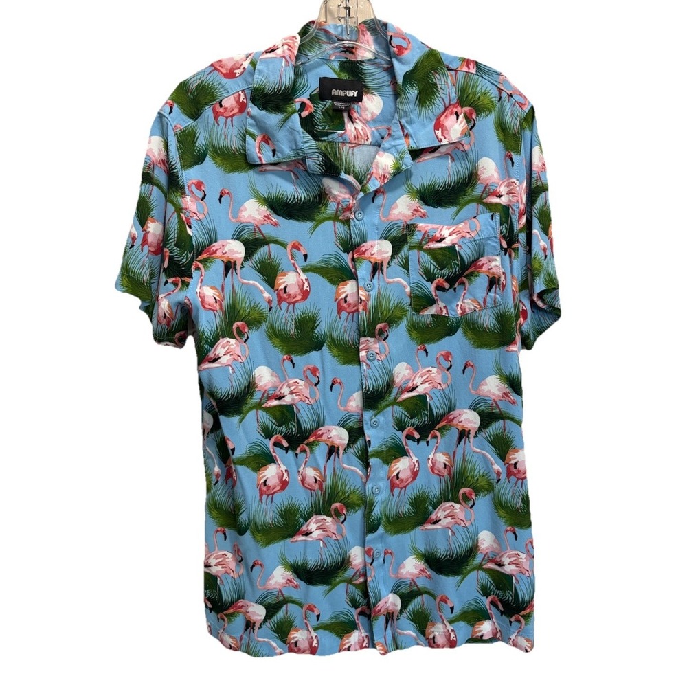 Amplify‎ Shirt Tropical Button Up Flamingos Size L Short Sleeve Pocket